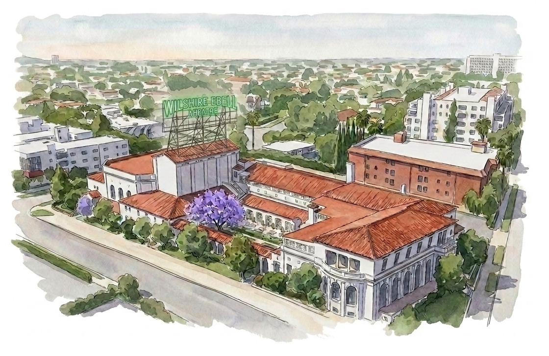 A watercolor of The Ebell of Los Angeles seen from above, with a jacaranda in violet bloom and the Wilshire Ebell Theatre sign lit green.