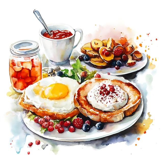 A watercolor breakfast spread — a fried egg, toast, fresh fruit, berries, jam, and coffee.
