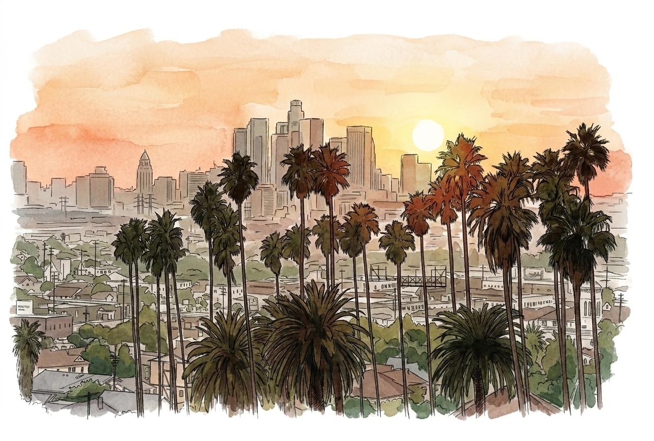 A watercolor of the Los Angeles skyline at sunset, framed by tall palm trees.